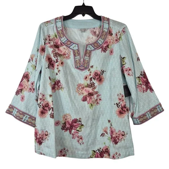 John Mark Women's Size S Floral Print Embroidered and Beaded Tunic Blue Pink 53 - Picture 2 of 14